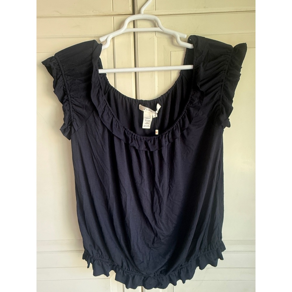 Studio M Womens Navy Ruffle Scoop Neck Ruched Sleeve Blouson Top Large NEW